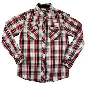 BKE Buckle Men's X-Large Slim Fit Red White Plaid Pearl Snap Button Down Shirt‎